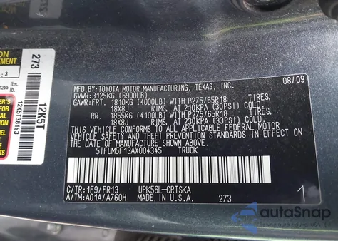 2010 Toyota Tundra Grade 4.6L V8 z USA, uszkodzony, nr VIN 5TFUM5F13AX004345